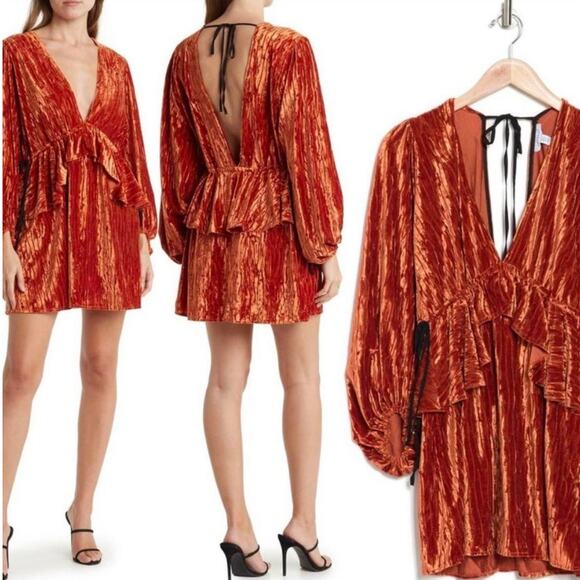 NWOT TOPSHOP Velvet Mini Dress Peplum Deep V Front & Back Coppery Orange Size 8 - Picture 1 of 6